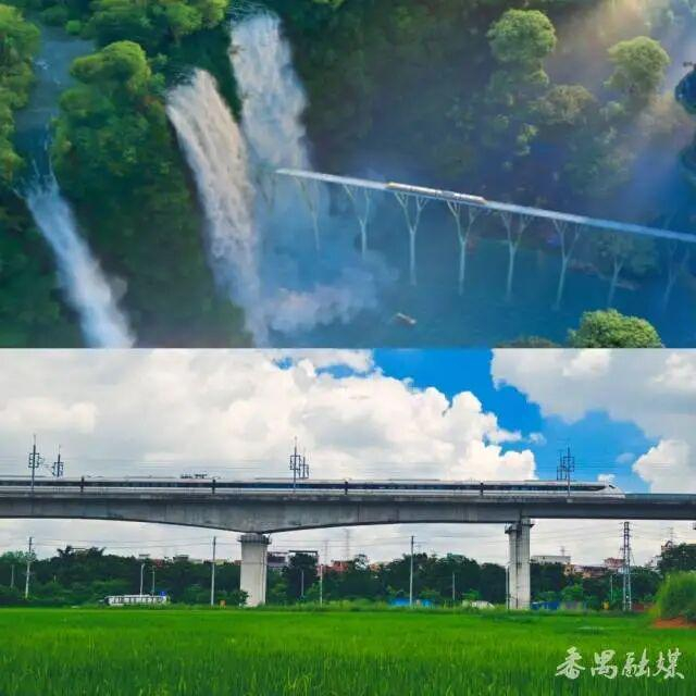 影片中的铁路场景（上）和广惠城际铁路高架桥（番禺新水坑段）（下） 图源：掌上番禺
