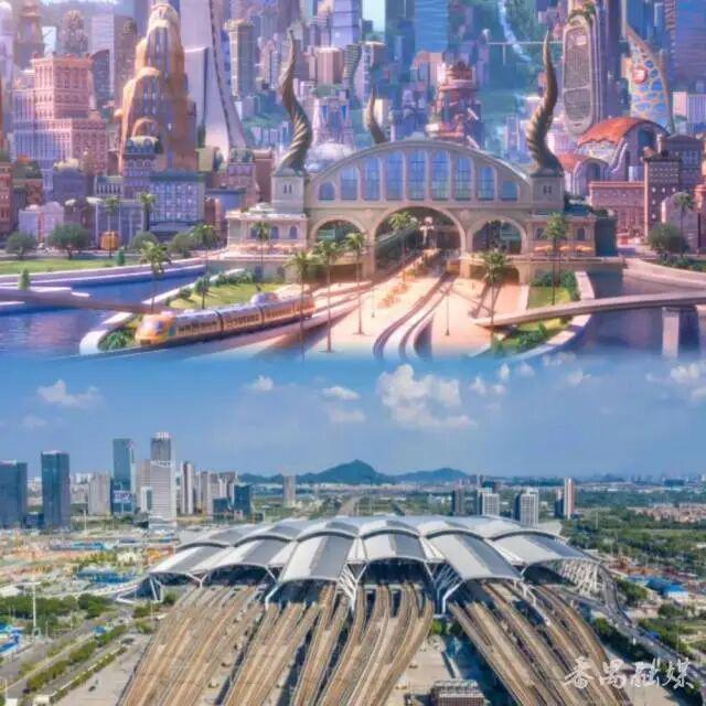 影片中的动物城中心站（上）和广州南站（下 ） 图源：掌上番禺